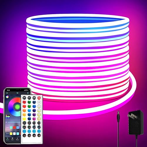 segrass 32.8ft LED neon Lights with Remote APP Control IP65 Waterproof Flexible Neon Strip Lights 24V RGB Rope Lights for Bedroom Room Outdoors Décor - 32.8ft