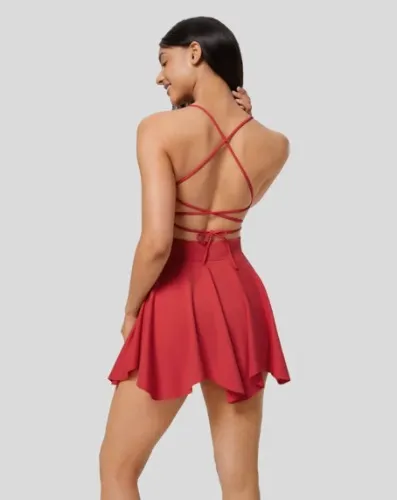 Backless Crisscross Lace Up 2-in-1 Pocket Mini Slip Yoga Active Dress