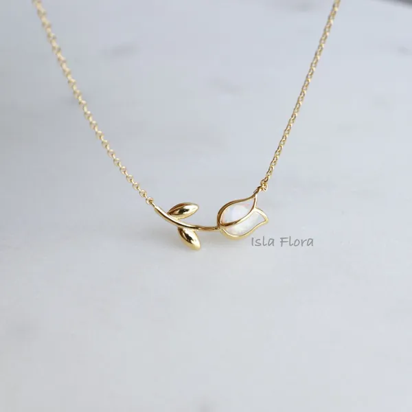 Dainty Encased Opal Tulip Wrap Necklace, Aesthetic, Simple, Gold, Silver Elegant, Minimal Jewelry, bridesmaid, Delicate, Layering Her Gift