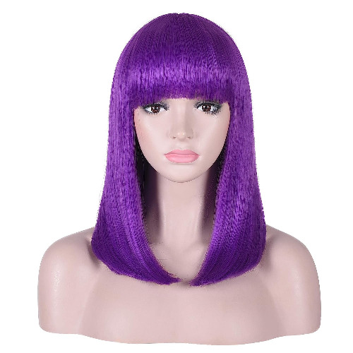 AMZCOS 15 Inch Short Straight Purple Bob Wig with Bangs | Natural Heat Resistant Synthetic Hair for Women Cosplay - 15 Inch (Pack of 1) Purple