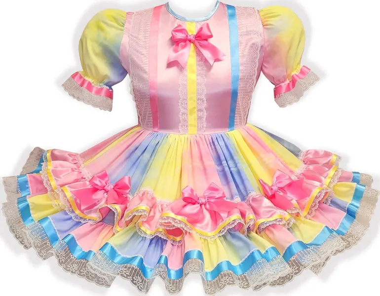 LuLu Custom Fit Pink Yellow Blue Rainbow Adult Sissy Dress by Leanne&#39;s