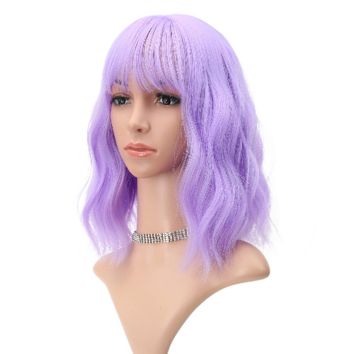 FAELBATY Wavy Wig Short Purple Wigs With Air Bangs Shoulder Length Wig For Women Curly Wavy Synthetic Halloween Cosplay Wig for Girl Costume Wigs (12" Purple Color) - purple