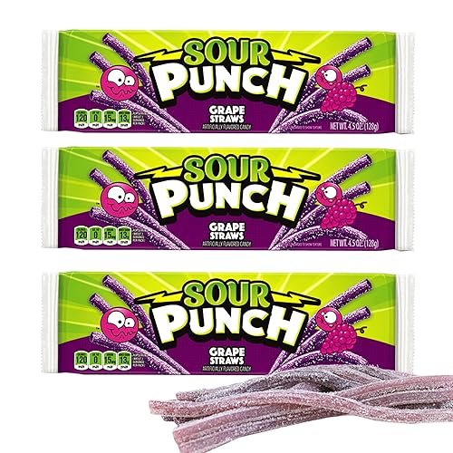 SOUR PUNCH Grape Straws Candy, 2 oz Pack of 3 - Chewy, Mouthwatering Grape-Flavored Sour Candy - Fat-Free, Low Sodium Treat for Kids & Adults - Perfect for Convenience Stores, Mini-Marts, Movie Nights & More! - Grape, 2 OZ - 2.0