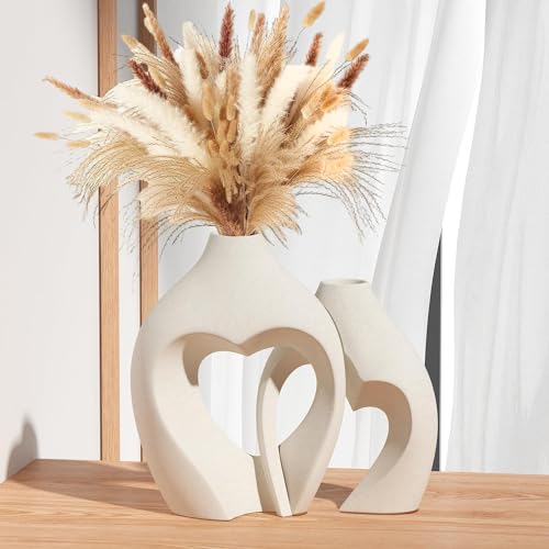 Zormon White Vases for Decor, Heart Shaped Ceramic Vase Set of 2, Nordic Heart Shaped Vases, Minimalist Decorative Vase for Table Centerpiece Wedding Dining Living Room Office House Decoration - White