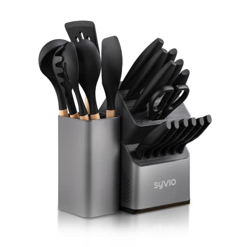 syvio 21-in-1 Kitchen Knife Set, Knife Sets with Block and 6 PCS Kitchen Utensils Set, Knives Set for Kitchen 15 Pieces with Built-in Sharpener, Utensils Holder for Storing Kitchen Tools - Gray