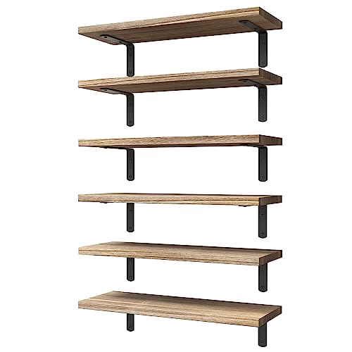 WOPITUES Wood Floating Shelves Set of 6, Shelves for Wall Decor, Farmhouse Shelf for Bedroom, Bathroom Storage Shelves, Book Shelves for Living Room - Rustic Brown - 16.5 Inch - Rustic Brown