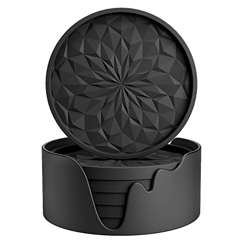 ME.FAN Silicone Coasters [6 Pack] Coasters with Holder - Drinking Coasters - Cup Mat for Drinks - Live for Hot or Cold Drink Thickened, Non-Slip, Non-stick, Deep Tray Black - Black