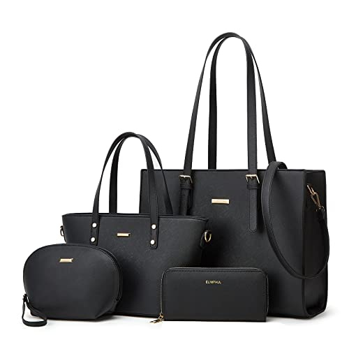 Women Fashion Synthetic Leather Handbags Tote Bag Shoulder Bag Top Handle Satchel Purse Set 4pcs - Black-aa