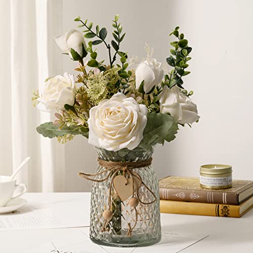 YJ Fake Flowers with Vase, Silk Roses Artificial Flowers in Vase, Faux Flower Arrangement with Vase Suitable for Home Office Decoration, Dining Table Centerpiece(White) - White