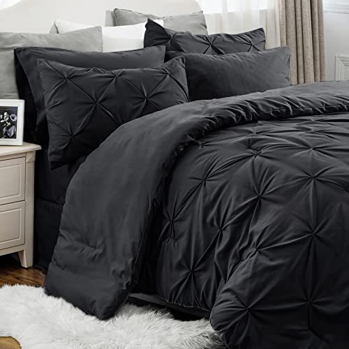 Bedsure Black Comforter Set Queen - Bed in a Bag Queen 7 Pieces, Pintuck Bedding Sets Black Bed Set with Comforter, Sheets, Pillowcases & Shams - 04 - Black - Queen