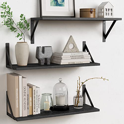 Black Floating Shelves 24 inches Long Set of 3, 24 x 8 Inch Deep Bathroom Wall Shelves Over Toilet for Towels, Connect 2 or 3 Wood Shelves as 48 or 72 Inch Wide for Bedroom Kitchen Closet - 24 Inches - Black