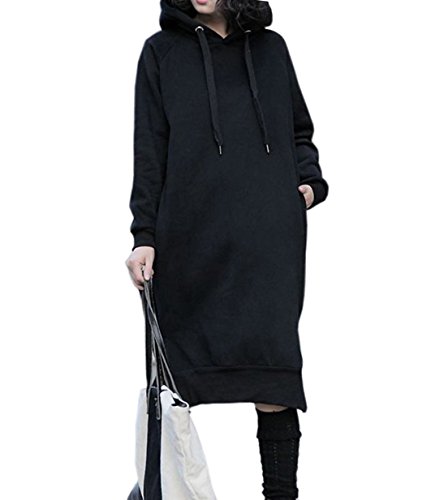 NUTEXROL Women's Thickening Long Fleece Sweatshirt String Hoodie Dress Pullover Plus Size - XX-Large Black