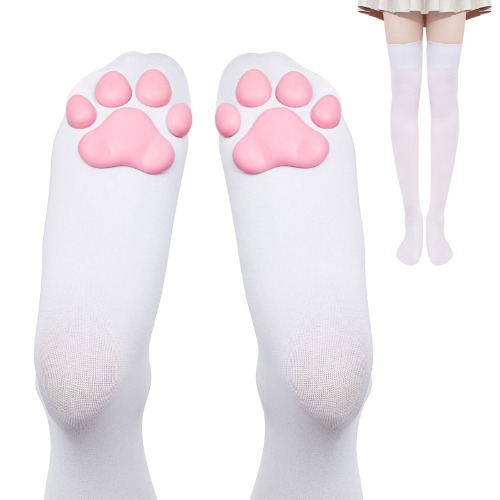 Geyoga Cat Paw Pad Socks Thigh High Pink Cute 3D Kitten Claw Stockings for Girls Women Cat Cosplay - White-pink