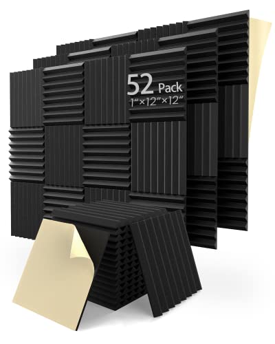 LEIYER Upgrade 52 pack Sound Proof Foam Panels With Self-Adhesive, 1" X 12" X 12" Quick-Recovery Acoustic Panels, Acoustic Foam Wedges High Density (52pcs, Black) - 1 Inch 52 Pack - Black
