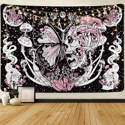 Lyacmy Skull Hippie Mushroom Tapestries Aesthetic Moth Moon and Stars Snake Wall Hanging For Room(51.2 x 59.1 inches)