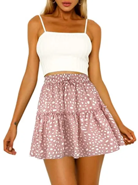 Hibluco Women' Floral Layered Ruffles Tie up High Waist Short Pleated Skirt