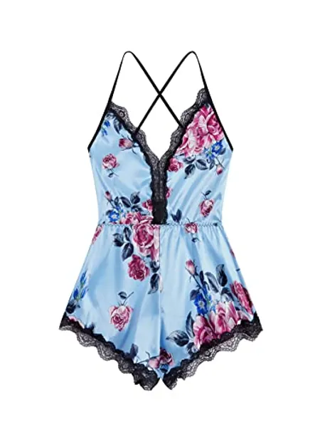 SweatyRocks Women's Floral Print Lace Trim Backless Cami Short Romper Satin Sleepwear