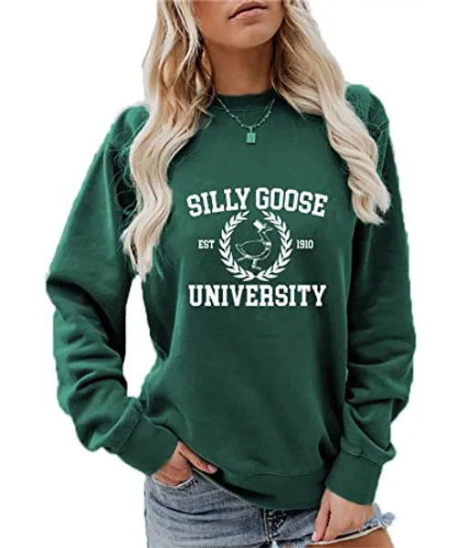 GLAMVOS Womens Crewneck Funny Cute Silly Goose University Sweatshirt Christmas Sweater