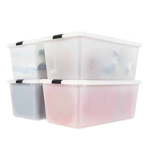IRIS USA 91 Quart Stackable Plastic Storage Bins with Lids and Latching Buckles, 4 Pack, Containers with Lids, Durable Nestable Closet, Garage, Totes, Tubs Boxes Organizing, Pearl - Pearl - 91 Qt. - 4 Pack