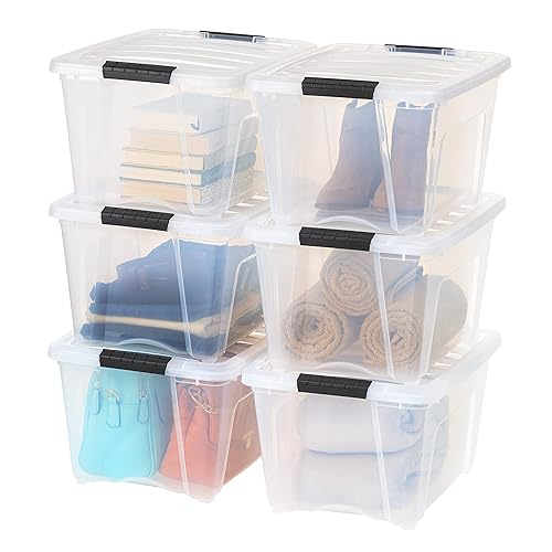 IRIS USA 32 Qt Stackable Plastic Storage Bins with Lids, 6 Pack - BPA-Free, Made in USA - See-Through Organizing Solution, Latches, Durable Nestable Containers, Secure Pull Handle - Clear - Clear - 32 Qt. - 6 Pack