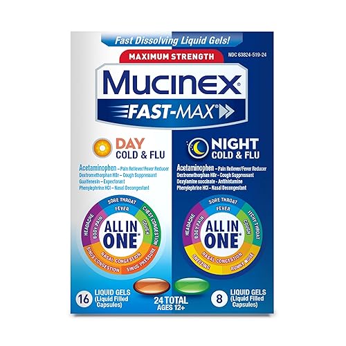 Mucinex Fast-Max Day Cold and Flu & Night Cold and Flu Medicine for Adults, Day/Night Combo Pack for Fever, Sore Throat Relief, Decongestant, Cough & Cold Medicines, 24 Fast-Dissolving Liquid Gels - Liquid gels - 24 Count (Pack of 1)