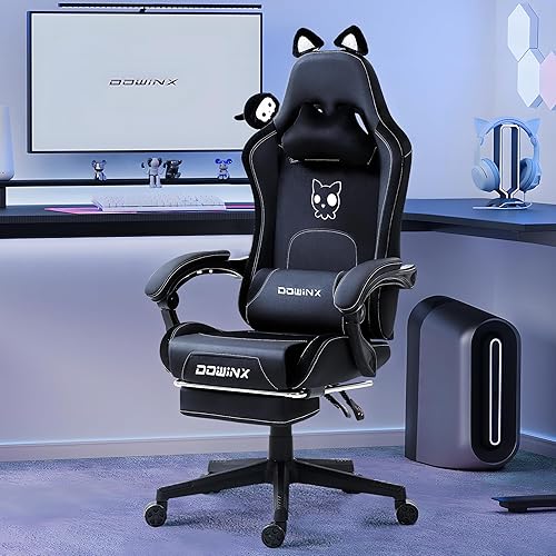Dowinx Gaming Chair Cute with Cat Ears and Massage Lumbar Support, Ergonomic Computer Chair for Girl with Footrest and Headrest, Comfortable Reclining Game Chair 290lbs for Adult, Teen, White - All Black