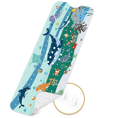 Badewannenmatten rutschfest Kinder，100% BPA frei Enthält 2 Haken zum Aufhängen,100x40cm，Antirutschmatte für Badewanne，Duschmatte,schimmelresistent & maschinenwaschbar,Badematte Kinder Badewanne - Caribbean Sea