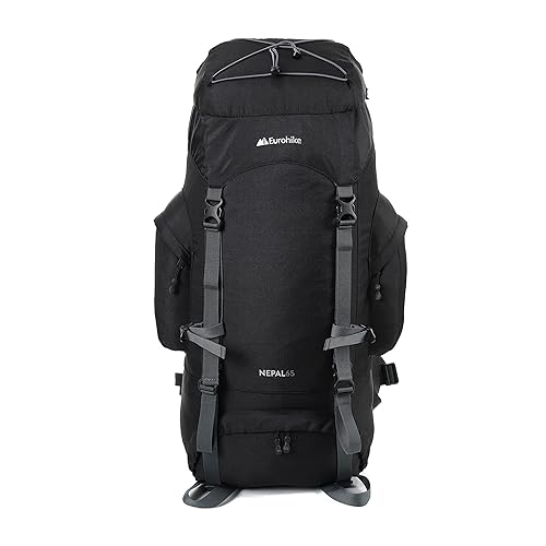Eurohike Nepal 65 Litre Rucksack with Ventilated Back Panel & Padded Harness, 65L Backpack, Bag for Men & Women, Adjustable, Lightweight, Camping, Hiking, Trekking, Travelling, Outdoors, Black - Black