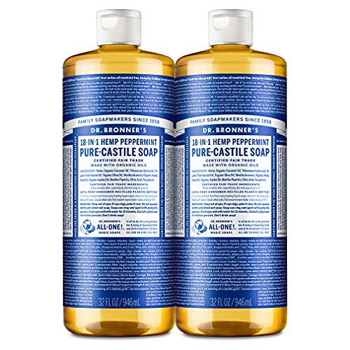 Dr. Bronner's - Pure-Castile Liquid Soap (Peppermint, 32 ounce, 2-Pack) - Made with Organic Oils, 18-in-1 Uses: Face, Body, Hair, Laundry, Pets and Dishes, Concentrated, Vegan, Non-GMO - Peppermint - 64 Fl Oz (Pack of 1)