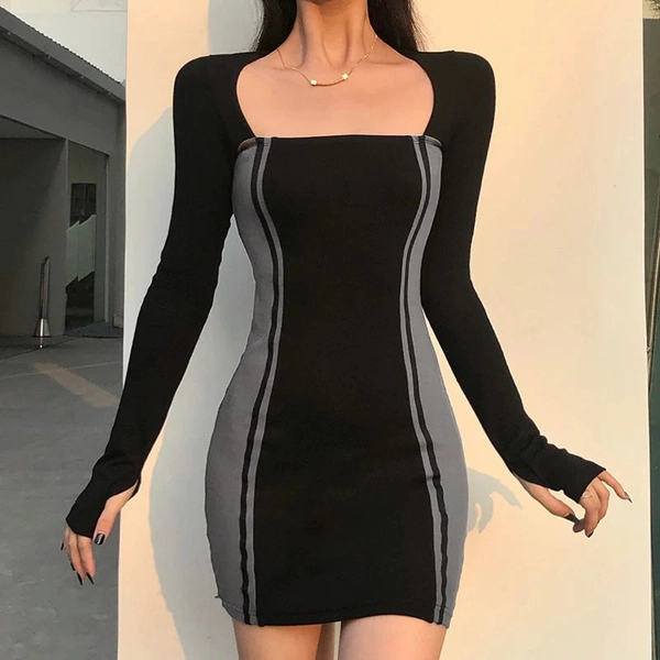 'Beneath' Striped Bodycon Long Sleeve Goth Dress