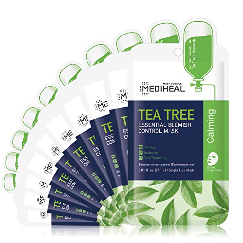 Mediheal Official [Korea's No 1 Sheet Mask] - Tea Tree Essential Blemish Control Mask - Skin Soothing & Sebum Control Mask Pack for Sensitive Oily Skin(10 Masks) - 10 Count (Pack of 1)
