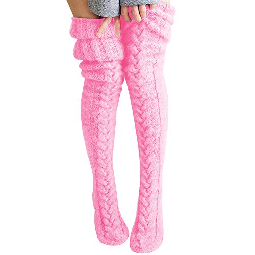 Women's Cable Knit Thigh High Socks Extra Long Winter Stockings Leg Warmers - Pink