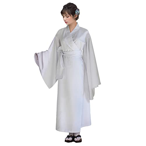 Unisex Japanese Kimono Long Robe Traditional Yukata Juban Hadajuban Underwear Adult Nightwear Bathrobe Belt Outfit - Large - 46-white