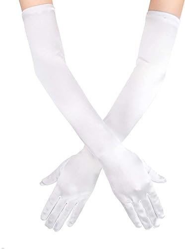 SAVITA Long Elbow Satin Gloves, Stretchy Long Gloves 21inch 1920s Opera Gloves Evening Dancing Party Glove for Women - White