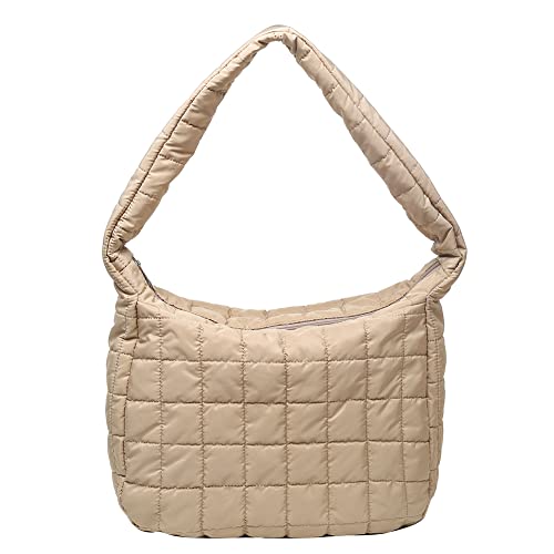 YFGBCX Quilted Tote Bags for Women Lightweight Quilted Padding Shoulder Bag Down Cotton Padded Large Tote Bags Lattice - A01-khaki