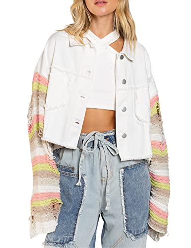Joiemont Womens Rainbow Sweater Sleeve Crop Denim Jacket Distressed Ripped Frayed Hem Patchwork Jean Jacket Coat - Medium - White