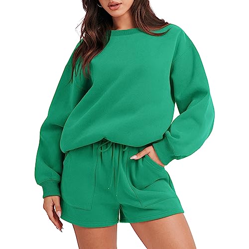 NUFIWI Women 2 Piece Outfits Oversized Long Sleeve Crewneck Sweatshirt High Waist Shorts Loungewear Tracksuit Set - Medium - Green