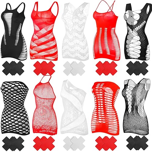 Haysandy Women's Fishnet Lingerie Fishnet Bodysuit Mesh Lingerie Fishnet Bodysuit Lace Smock Lingerie for Women - Red, Black, White