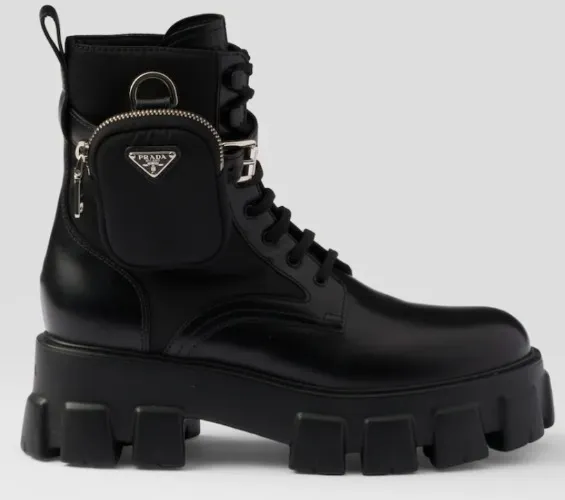 Black Monolith Leather And Re-nylon Boots With Pouch | PRADA