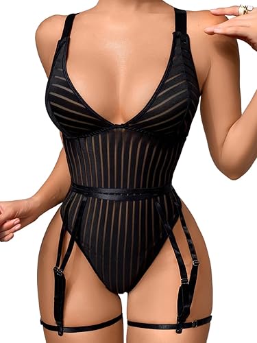 Kaei&Shi Sexy Ribbed Top,Plunge V, Snap Crotch, Leg Strap, Backless 3Pc Bodysuit - Black - 4-6