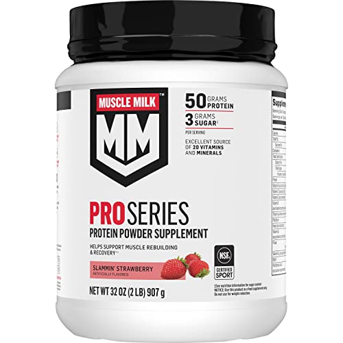 Muscle Milk Pro Series Protein Powder Supplement, Intense Vanilla, 2 Pound, 11 Servings, 50g Protein, 3g Sugar, 20 Vitamins & Minerals, NSF Certified for Sport, Workout Recovery, Packaging May Vary - Slammin' Strawberry