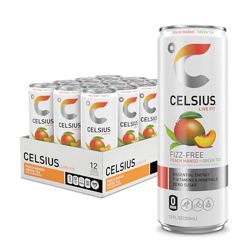 CELSIUS Peach Mango Green Tea, Functional Essential Energy Drink 12 Fl Oz (Pack of 12) - Fizz Free Peach Mango