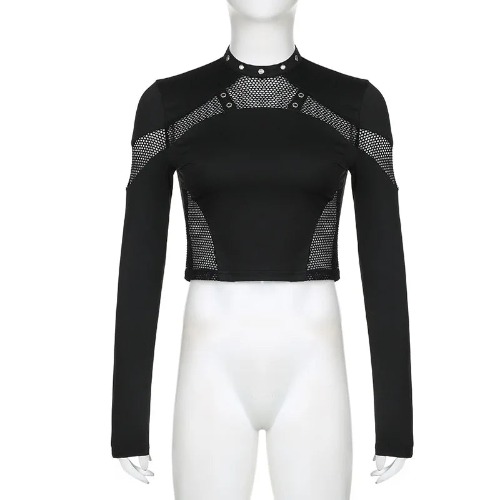 'Darkwear' Goth Dark Cyber Fishnet Crop Top - black / S