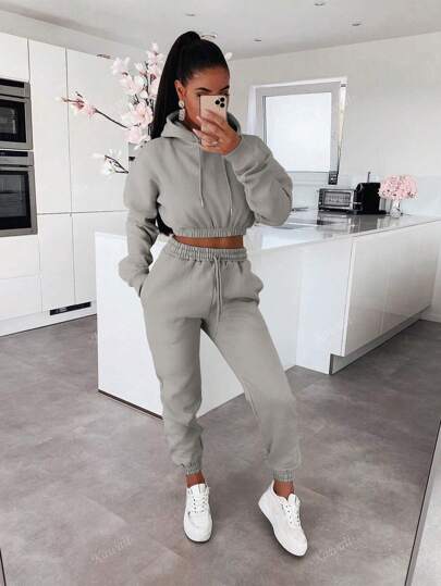 2db/szett női alkalmi meleg, vastagított egyszínű hosszú ujjú kapucnis pulóver felső és karcsú sportnadrág tréningruha, őszi/téli