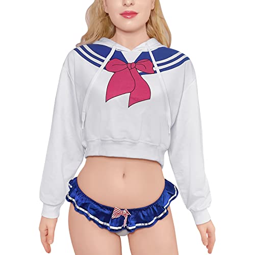 Littleforbig Women's Magical Girl Cosplay Casual Regular Fit Long Sleeve Drawstring Cropped Hoodie Jacket - White - Large