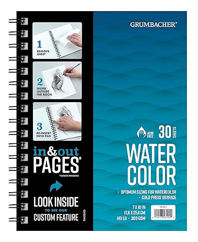 Grumbacher 7" x 10" Watercolor Paper Pad with in & Out Pages, 140 lb./300 GSM, Side Wired, 30 White Sheets (Pack of 1 Pad)