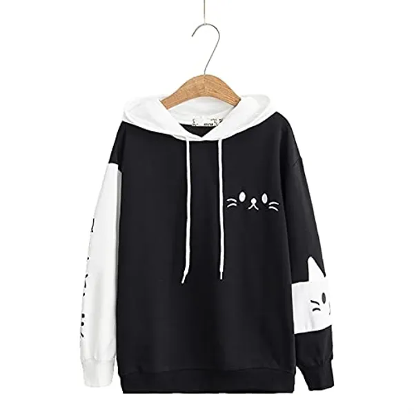 Esdlajks Kawaii Hoodie per Womens - Stile del College Giapponese Carino Giapponese Gatto Giapponese Stampa collegata con Cappuccio con Cappuccio Maglione a Maniche Lunghe Donne
