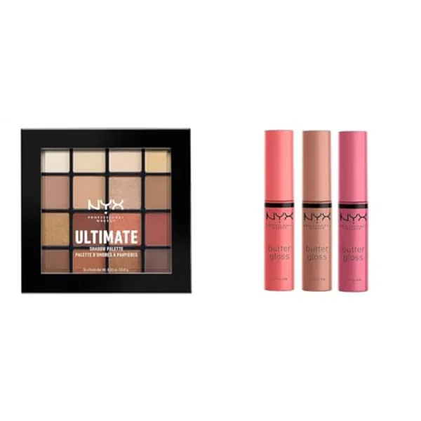 NYX PROFESSIONAL MAKEUP Ultimate Shadow Palette, Eyeshadow Palette - Warm Neutrals & Butter Gloss, Non-Sticky Lip Gloss - Pack Of 3 (Angel Food Cake, Creme Brulee, Madeleine)