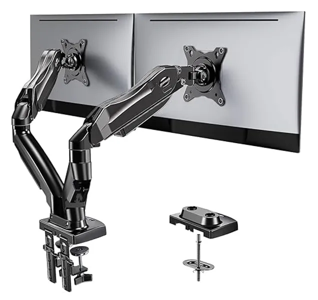 HUANUO Dual Monitor Stand - Full Adjustable Monitor Desk Mount Swivel Vesa Bracket with C Clamp, Grommet Mounting Base for 13 to 30 Inch Computer Screens - Each Arm Holds 4.4 to 19.8lbs
