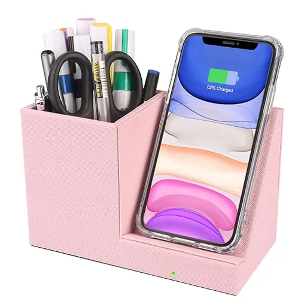 15W Pink Wireless Charger,Fast Wireless Charger Desk Stand,Qi Certified Charging Dock with Pen Holder Storage Compatible with iPhone 12/11/Xs MAX/XR/XS/X/8, S10/S9/S9+/S8/S8+/Note 10（No AC Adapter）